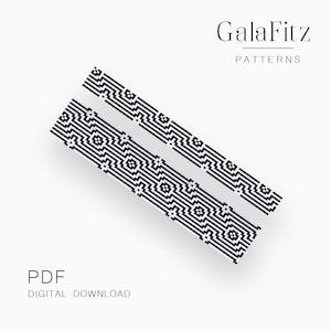 Puede incluir: Dos diseños con patrones en blanco y negro, posiblemente para un proyecto de manualidades, se muestran en diagonal sobre un fondo blanco. Los diseños tienen un patrón geométrico. También se ve el texto "GalaFitz PATTERNS" y "PDF DIGITAL DOWNLOAD".