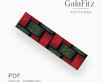 Padrão de pulseira geométrica em peiote em PDF, design arrojado com miçangas vermelhas e verdes - contagem par e ímpar
