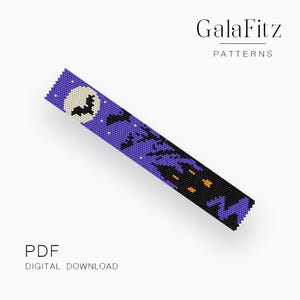 May include: A rectangular beadwork pattern titled GalaFitz Patterns PDF Digital Download. The design features a purple night sky with a white full moon, a black bat silhouette, bare tree branches, and a black ground with orange glowing eyes.