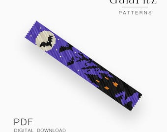 Halloween Peyote Bracelet Pattern, Moon and Bats and Haunted House on Purple Night Sky Beading - Even & Odd Count