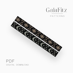 Op de afbeelding: Twee zwart-witte kralenpatronen met gouden en zilveren kralen. De patronen bevatten sterren en halve manen. De tekst "GalaFitz PATTERNS" en "PDF DIGITAL DOWNLOAD" is zichtbaar.