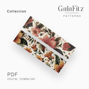 Pode incluir: Dois padrões retangulares com um design floral em tons de vermelho, laranja e verde sobre um fundo branco. Os padrões estão ligeiramente angulados, com o texto "Collection" e "GalaFitz PATTERNS" visíveis. As palavras "PDF DIGITAL DOWNLOAD" também estão presentes.