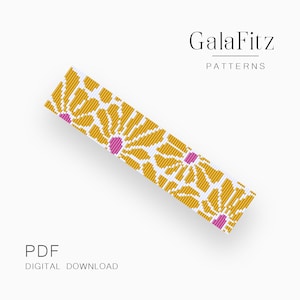 May include: A rectangular, beaded pattern with a floral design in gold, white, and pink. The image includes the text "GalaFitz PATTERNS" and "PDF DIGITAL DOWNLOAD".