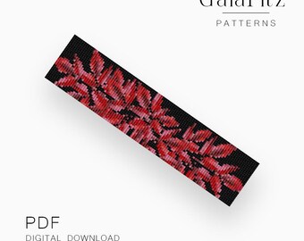 Autumn Branch Loom Bracelet Pattern PDF, Red Leaves on Black, Fall Bead Weaving Pattern