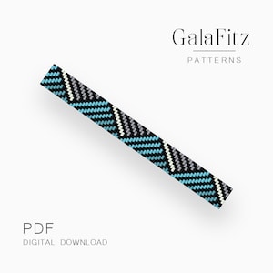 May include: A digital download PDF pattern for a beaded bracelet with a geometric design featuring black, white, grey, and blue beads. The pattern is titled "GalaFitz Patterns".