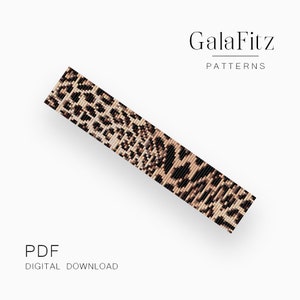 Könnte beinhalten: Ein digitales PDF-Muster zum Download für ein Armband mit Leopardenmuster. Das Muster ist für ein Armband mit einem Farbschema aus Braun, Schwarz und Beige.