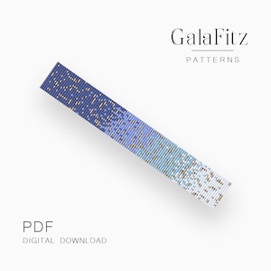 Puede incluir: Un patrón de pulsera de cuentas en formato PDF para descargar digitalmente con un degradado de cuentas azules, verde azuladas y blancas con detalles dorados. El patrón se titula "GalaFitz Patterns".