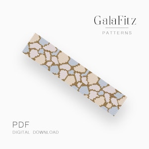Könnte beinhalten: Ein digitales PDF-Muster zum Herunterladen für ein Armband mit Perlen in einem geometrischen Design in Braun, Beige und Hellblau. Das Muster trägt den Titel "GalaFitz Patterns".