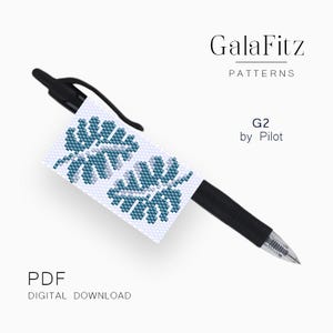 May include: A black Pilot G2 gel pen with a rectangular white paper insert featuring a teal and light blue pixelated monstera leaf pattern. The text GalaFitz PATTERNS, G2 by Pilot, and PDF DIGITAL DOWNLOAD are printed on the white background.