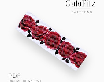 Red Rose Loom Bracelet Pattern PDF, Floral Bead Weaving Design, Romantic Flower Cuff Tutorial