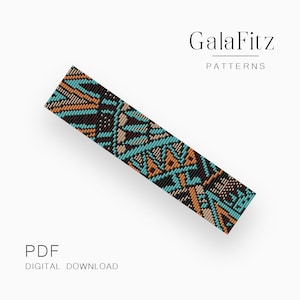 May include: A colorful beaded bracelet pattern with geometric shapes in shades of blue, orange, brown, and black. The pattern is designed for beading and is available as a digital download. The text "GalaFitz PATTERNS" is at the top of the image.