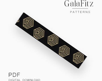 Gold Hexagon Spiral Peyote Bracelet Pattern, Black Geometric Beadwork Design - Even Count Odd Count