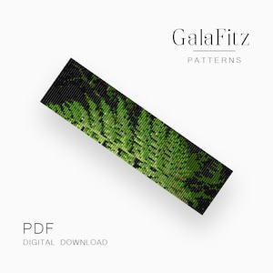 May include: A digital download PDF pattern for a beaded bracelet featuring a green fern design. The pattern is for use with seed beads and is available for purchase from GalaFitz Patterns.