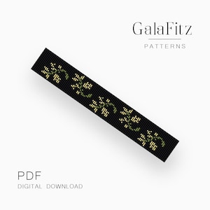 Zwart botanisch weefgetouw armbandpatroon pdf, bladgoud wijnstok natuur kralenontwerp