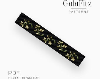 Black Botanical Loom Bracelet Pattern PDF, Gold Leaf Vine Nature Beadwork Design