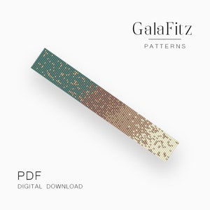 May include: A digital download PDF pattern for a beaded bracelet with a gradient of green, brown, and cream colors. The pattern is designed by GalaFitz Patterns.