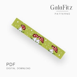 May include: A digital download featuring a beaded pattern with a light green background and repeating red mushroom designs. The text "GalaFitz PATTERNS" and "PDF DIGITAL DOWNLOAD" are also visible.