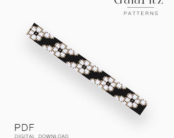Black Floral Loom Bracelet Pattern PDF, White Flower with Gold Outline, Elegant Beading Design