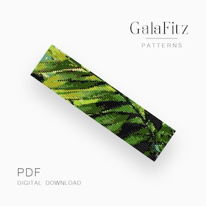 Könnte beinhalten: Ein digitales PDF-Muster zum Download für ein Armband mit Perlen in einem grünen und schwarzen Blattdesign. Das Muster trägt den Titel "GalaFitz Patterns".