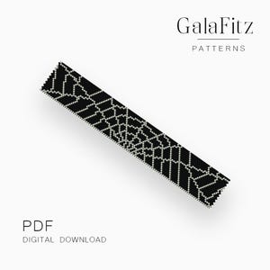 Silver spider web peyote bead pattern, Black background even and odd count peyote bracelet design, Halloween bead weaving /P0890/
