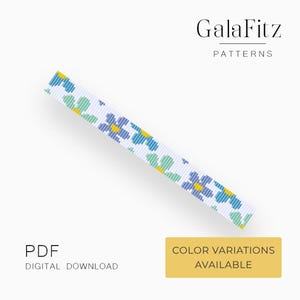 May include: A white strip featuring a floral pattern with blue, yellow, and green flowers. The text "GalaFitz PATTERNS" is at the top. The text "PDF DIGITAL DOWNLOAD" is at the bottom left, and "COLOR VARIATIONS AVAILABLE" is in a yellow rectangle.