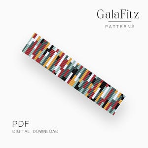 Puede incluir: Un patrón de pulsera de cuentas colorido en rojo, amarillo, blanco, negro y verde. El patrón es para una pulsera de cuentas y es una descarga digital en formato PDF. GalaFitz Patterns.