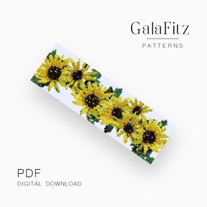 May include: A digital download pattern for a beaded bracelet featuring a row of sunflowers with green leaves. The pattern is called "Sunflower Bracelet" and is available as a PDF.