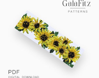 May include: A digital download pattern for a beaded bracelet featuring a row of sunflowers with green leaves. The pattern is called "Sunflower Bracelet" and is available as a PDF.