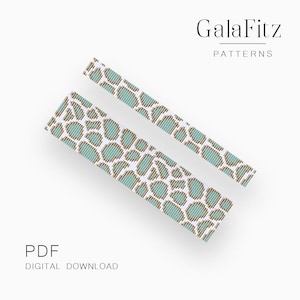 以下が含まれることがあります： GalaFitz PatternsによるデジタルPDFパターン。水色、白、茶色のキリン柄のような動物プリントが施された2つの長方形のストリップ。画像には幅広と幅狭のストリップが表示されており、どちらもビーズのような質感が特徴です。