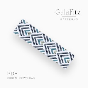 Może przedstawiać: Cyfrowy wzór do pobrania w formacie PDF na bransoletkę z koralików o geometrycznym wzorze w odcieniach niebieskiego, białego i zielonego. Wzór nosi tytuł "GalaFitz Patterns".