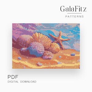 May include: A digital PDF pattern by GalaFitz Patterns featuring a pixelated beach scene with a starfish, various seashells, and blue ocean waves on a sandy shore. The design uses a grid-like texture with shades of orange, yellow, purple, and blue.