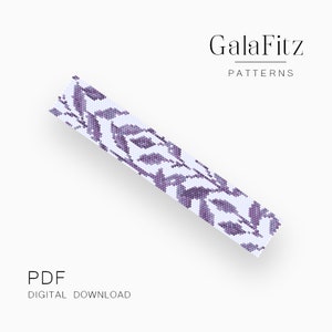 May include: A digital download PDF pattern for a beaded bracelet with a white background and a purple floral design. The pattern is titled "GalaFitz Patterns".