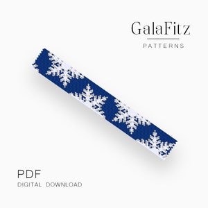 Pode incluir: Um padrão de contas azul e branco com desenhos de flocos de neve. O texto "GalaFitz PATTERNS" está no topo e "PDF DIGITAL DOWNLOAD" na parte inferior. O padrão é um download digital.