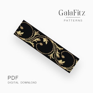 Op de afbeelding: Een zwart en gouden kralenarmbandpatroon met een bloemmotief. Het patroon is voor een kralenarmband en is een digitale download.