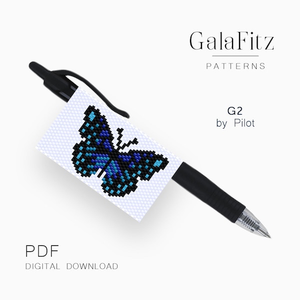 Blue butterfly even count peyote pattern for G2 by Pilot pen wrap, DIY gift idea, Bead weaving pen cover /PC0212/