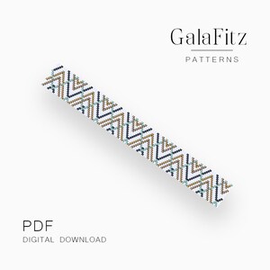 May include: A digital download PDF pattern for a beaded bracelet with a geometric design in shades of blue, green, gold, and white. The pattern is titled "GalaFitz Patterns".