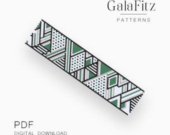 Abstract geometric peyote pattern, Green beaded peyote bracelet, Bead stitch pattern Peyote bead weaving pattern /P0196/