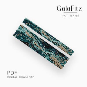May include: Two beaded patterns in shades of teal, black, and tan, with a marbled effect. The patterns are displayed on a white background. The text "GalaFitz PATTERNS" and "PDF DIGITAL DOWNLOAD" are also visible.