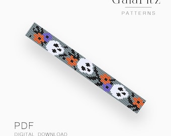 Skull and Orange Purple Flower Loom Bead Pattern, Halloween Seed Bead Bracelet Pattern PDF