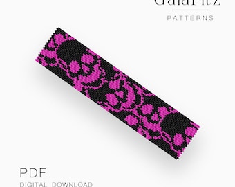 Pink Black Skull Peyote Bracelet Pattern PDF, Halloween Bead Weaving - Even & Odd Count