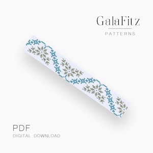 May include: A digital download PDF pattern for a beaded bracelet with a white background and a blue and green geometric design. The pattern is titled "GalaFitz Patterns".