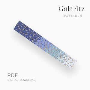 May include: A digital download PDF pattern with a pixelated design in shades of blue, white, and gold. The text "GalaFitz PATTERNS" is at the top, and "PDF DIGITAL DOWNLOAD" is at the bottom.