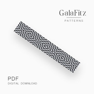 May include: Black and white geometric pattern beading design for a bracelet. The design is a repeating pattern of squares and rectangles. The pattern is called "GalaFitz Patterns" and is a digital download PDF.