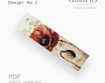 Watercolor Red Poppy Peyote Pattern PDF, Modern Floral Seed Bead Bracelet Design - Even & Odd Count - Design No.2