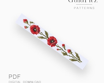Wild Red Poppy Loom Bracelet Pattern PDF, Botanical Beadwork Design