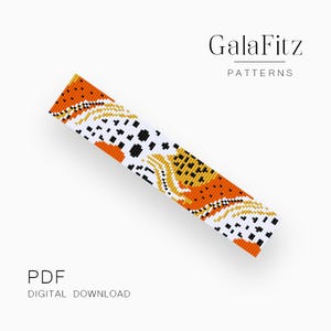 Puede incluir: Un patrón de descarga digital para una pulsera de cuentas. El diseño presenta un patrón vibrante de cuentas naranjas, blancas, negras y amarillas. El texto "GalaFitz PATTERNS" está en la parte superior y "PDF DIGITAL DOWNLOAD" en la inferior.
