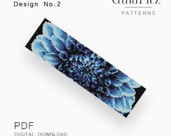 Blue Dahlia Center Loom Bracelet Pattern, Floral Beadwork PDF, Detailed Flower Core Design, Dark Background Jewelry, Design No.2