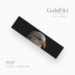 Może przedstawiać: Cyfrowy wzór do pobrania w formacie PDF na bransoletkę z koralików z zbliżeniem głowy bielika amerykańskiego. Wzór został zaprojektowany przez GalaFitz Patterns.