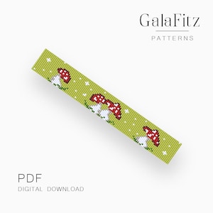 Op de afbeelding: Een digitale download met een groen en wit gepixeld patroon met rood-witte paddenstoelen. De tekst "GalaFitz PATTERNS" staat bovenaan en "PDF DIGITAL DOWNLOAD" onderaan.