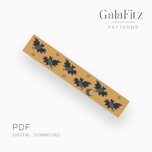 May include: A digital download PDF pattern for a beaded bracelet featuring a repeating pattern of black bats and a crescent moon on a yellow background. The pattern is titled "GalaFitz Patterns".